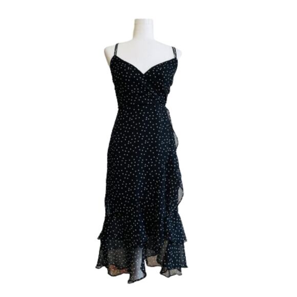 Miami Dress Black White Polka Dot Spaghetti Straps Ruffled Tiered Midi Small NEW - Picture 2 of 13